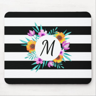 Alfombrilla De Ratón Moderno acuarela Floral Bandas negras Monograma