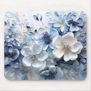 Alfombrilla De Ratón Moderno Botánico Floral Azul Blanco Elegante
