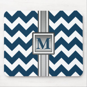 Alfombrilla De Ratón Moderno Chevron monogramado de gris blanco azul