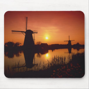 Alfombrilla De Ratón Molinos de viento al atardecer, Kinderdijk, Países