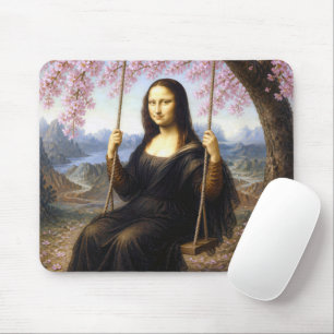 Alfombrilla De Ratón Mona Lisa en un columpio entre flores de cerezo