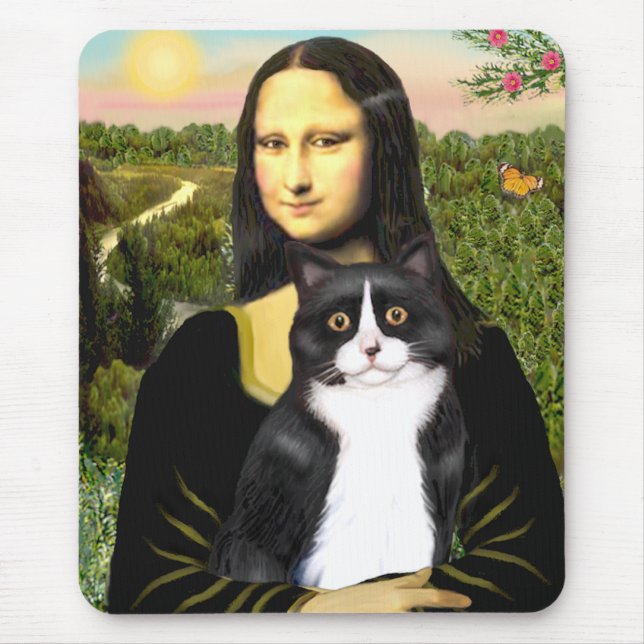 Alfombrilla De Ratón Mona Lisa - gato blanco y negro (Frente)