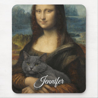 Alfombrilla De Ratón Mona Lisa sosteniendo un gato gris elegante