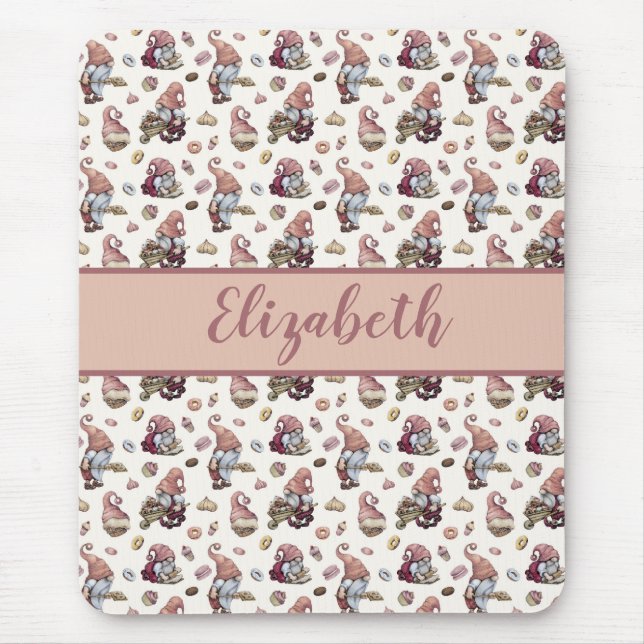 Alfombrilla De Ratón Monogram Gnomes Baking Cupcakes Donuts Pink Script (Frente)