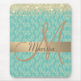Alfombrilla De Ratón Monogram Gold Floral on Green Teal         