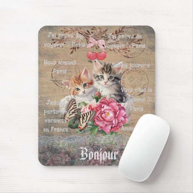 Alfombrilla De Ratón Monogram Grunge wood Cute cats Chic floral French (Con ratón)