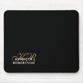 Alfombrilla De Ratón Monogram Name Black Gold White Minimalist Elegant