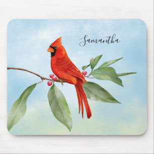 Alfombrilla De Ratón Monograma Acuarela Azul Verde Rojo Cardenal Pájaro
