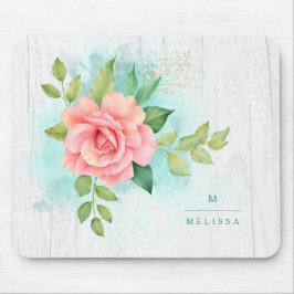 Alfombrilla De Ratón Monograma Acuarela Turquesa Madera Rosa