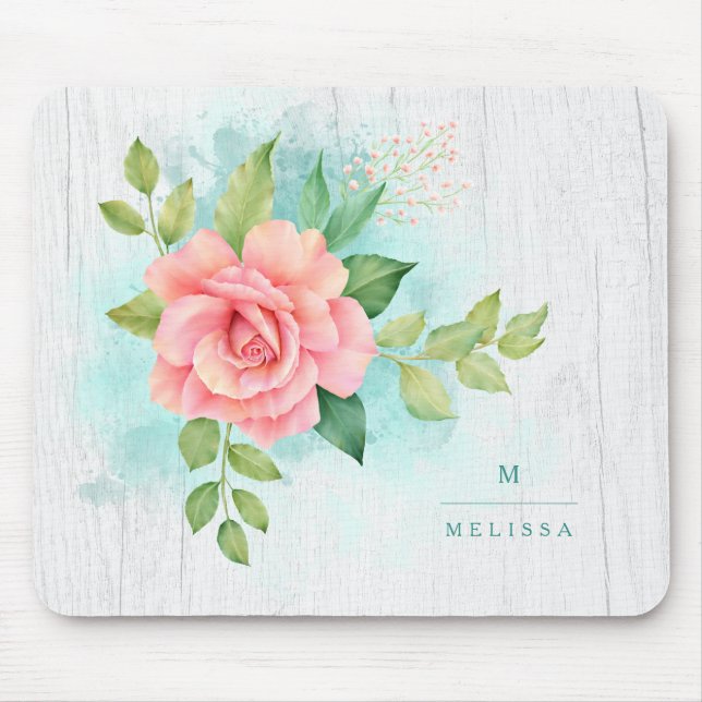 Alfombrilla De Ratón Monograma Acuarela Turquesa Madera Rosa (Frente)