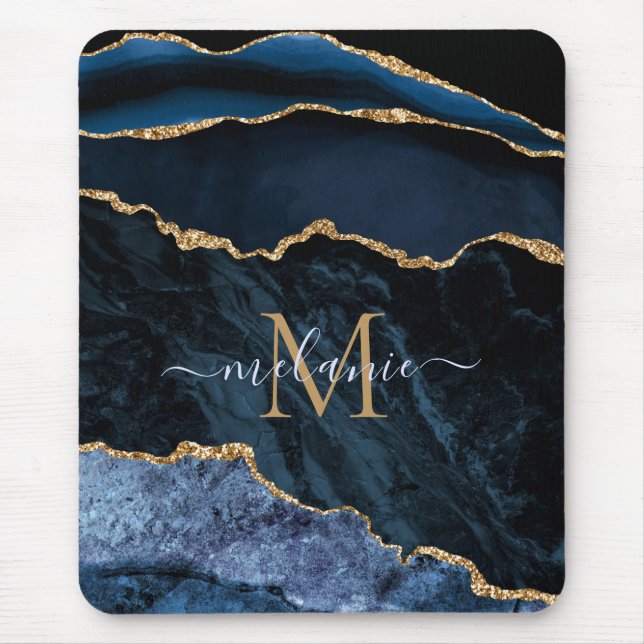 Alfombrilla De Ratón Monograma Agy Marina Azul Oro Gemstone Mármol (Frente)