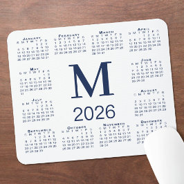Alfombrilla De Ratón Monograma Azul Marino Calendario 2026 sobre Blanco