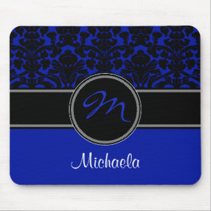 Alfombrilla De Ratón Monograma azul negro blanco Damask Mousepad