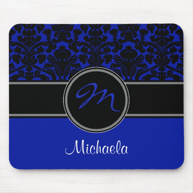 Alfombrilla De Ratón Monograma azul negro blanco Damask Mousepad (Frente)