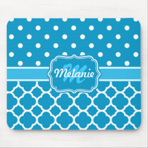 Alfombrilla De Ratón Monograma Azul Quatrefoil Entramado Polka Punto