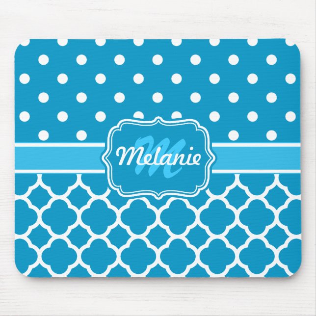 Alfombrilla De Ratón Monograma Azul Quatrefoil Entramado Polka Punto (Frente)