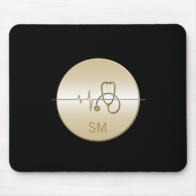 Alfombrilla De Ratón Monograma Black Gold Medicina Stethoscope latido c (Frente)