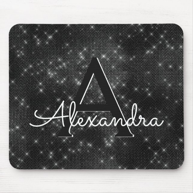 Alfombrilla De Ratón Monograma Black Sparkle Girly Nombre Mousepad (Frente)