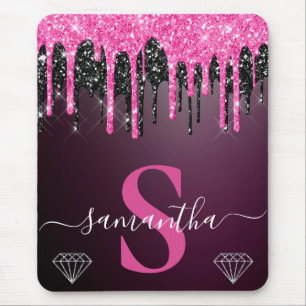 Alfombrilla De Ratón Monograma con Glitter Goteante Rosa Fucsia y Negro