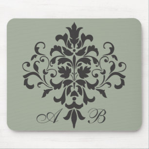 Alfombrilla De Ratón Monograma Damask en gris elegante o gris