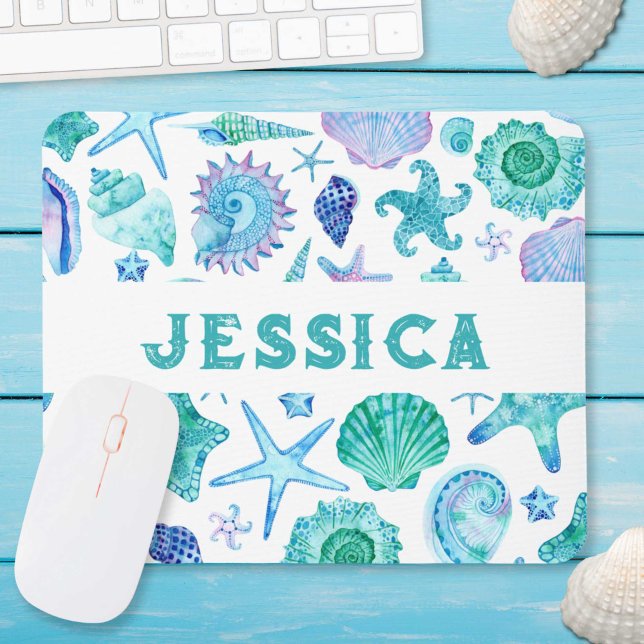 Alfombrilla De Ratón Monograma de acuarela de marea negra y pez estrell (Watercolor Beach Sea Shells and Starfish Monogram Mouse Pad)