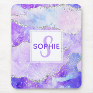 Alfombrilla De Ratón Monograma de Agate Purpurina Pastel Purple & Faux 