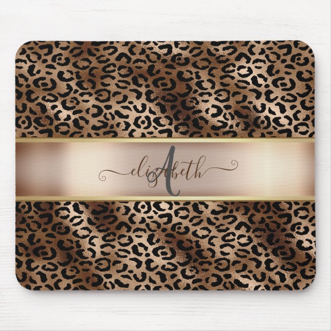 Alfombrilla De Ratón Monograma de Bronce Negro con Estampado de Leopard (Frente)