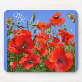 Alfombrilla De Ratón Monograma de campo de amapola y mariposas personal