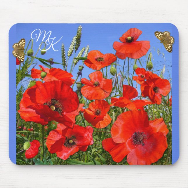 Alfombrilla De Ratón Monograma de campo de amapola y mariposas personal (Frente)