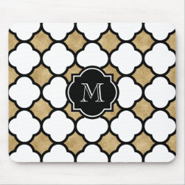 Alfombrilla De Ratón Monograma de Cuatrefoil Blanco Blanco Negro de Oro
