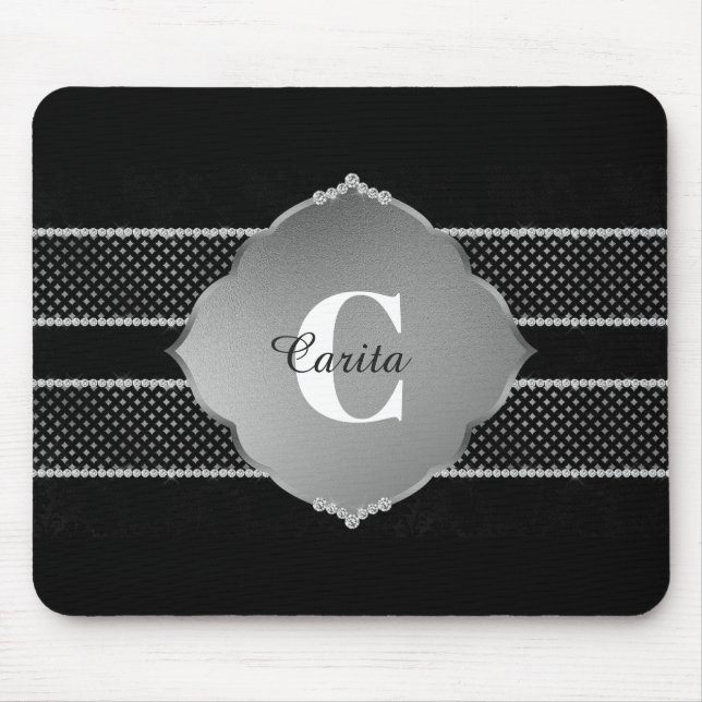 Alfombrilla De Ratón Monograma de diamantes plateados Mousepad (Frente)