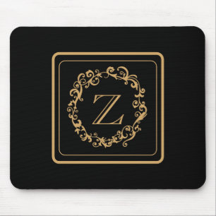 Alfombrilla De Ratón Monograma de diseño de borde dorado negro
