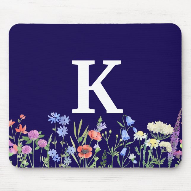 Alfombrilla De Ratón Monograma de flor silvestre acuarela (Frente)