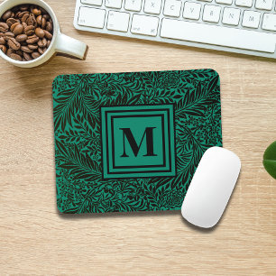 Alfombrilla De Ratón Monograma de follaje botánico verde esmeralda