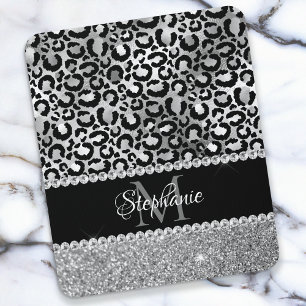 Alfombrilla De Ratón Monograma de Glam de Leopardo Negro y Plata