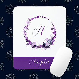 Alfombrilla De Ratón Monograma de Letra Inicial Floral Morado Elegante