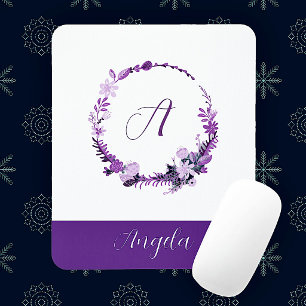 Alfombrilla De Ratón Monograma de Letra Inicial Floral Morado Elegante 