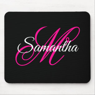 Alfombrilla De Ratón Monograma de letra script elegante en negro, blanc
