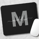 Alfombrilla De Ratón Monograma de nombre blanco negro glamoroso<br><div class="desc">Elegante y personalizada almohadilla de ratón monograma inicial en blanco y negro. Agregue un toque de sofisticación a su área de trabajo con este panel de ratón de moda. Cuenta con una inicial gris y elegante, centrada en un fondo negro y nítido, complementada por un diseño limpio y moderno. Combinando...</div>