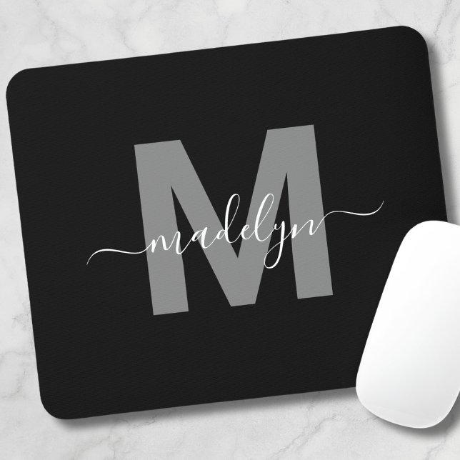 Alfombrilla De Ratón Monograma de nombre blanco negro glamoroso (Glamorous Black White Name Monogram Mouse Pad)
