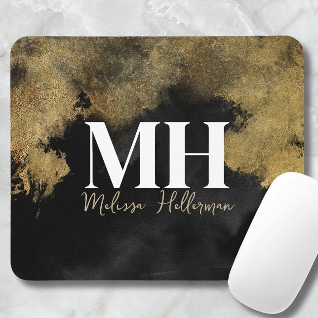 Alfombrilla De Ratón Monograma de nombre de guión dorado negro (Black Gold Script Name Monogram Mouse Pad)