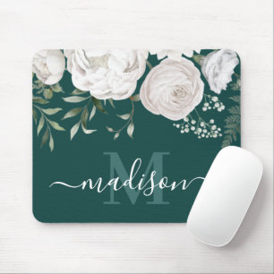 Alfombrilla De Ratón Monograma de nombre floral blanco verde personaliz