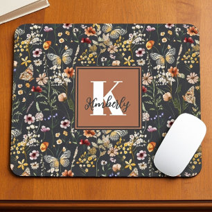 Alfombrilla De Ratón Monograma de nombre floral boho moderno