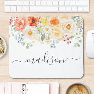 Alfombrilla De Ratón Monograma de nombre personalizado acuarela floral 