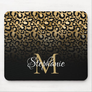 Alfombrilla De Ratón Monograma de ombre de leopardo negro y dorado feme