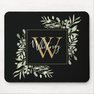 Alfombrilla De Ratón Monograma de oro negro Floral Verde 