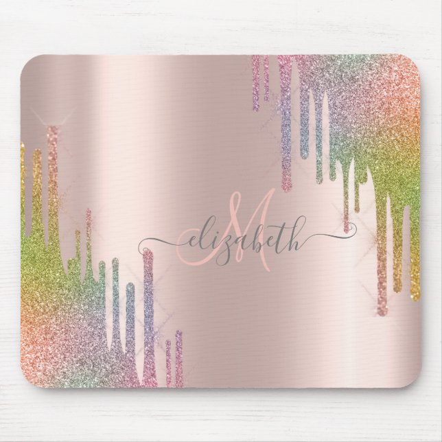 Alfombrilla De Ratón Monograma de oro Rosa Purpurina arcoiris moderno (Frente)