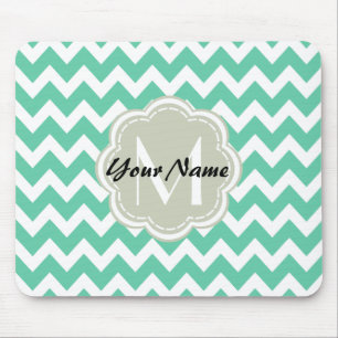 Alfombrilla De Ratón Monograma de Personalizado Mint Chevron, nombre pe