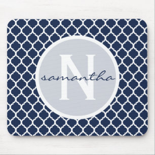 Alfombrilla De Ratón Monograma de Quatrefoil de los azules marinos y