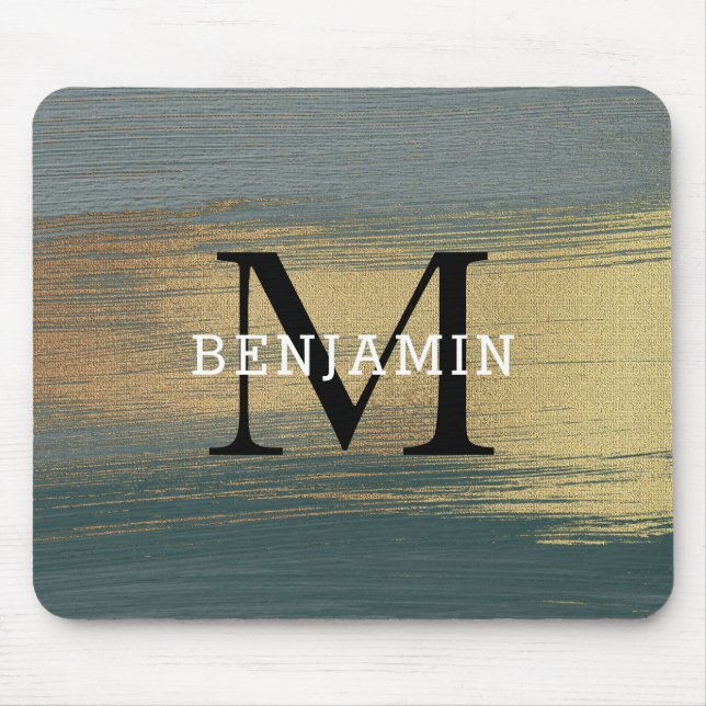 Alfombrilla De Ratón Monograma de resplandor gris y oro masculino (Frente)